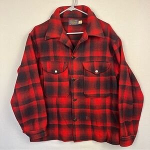 Vtg 60s Pendleton Shacket Men’s Medium Virgin Wool Button Jacket Plaid Red